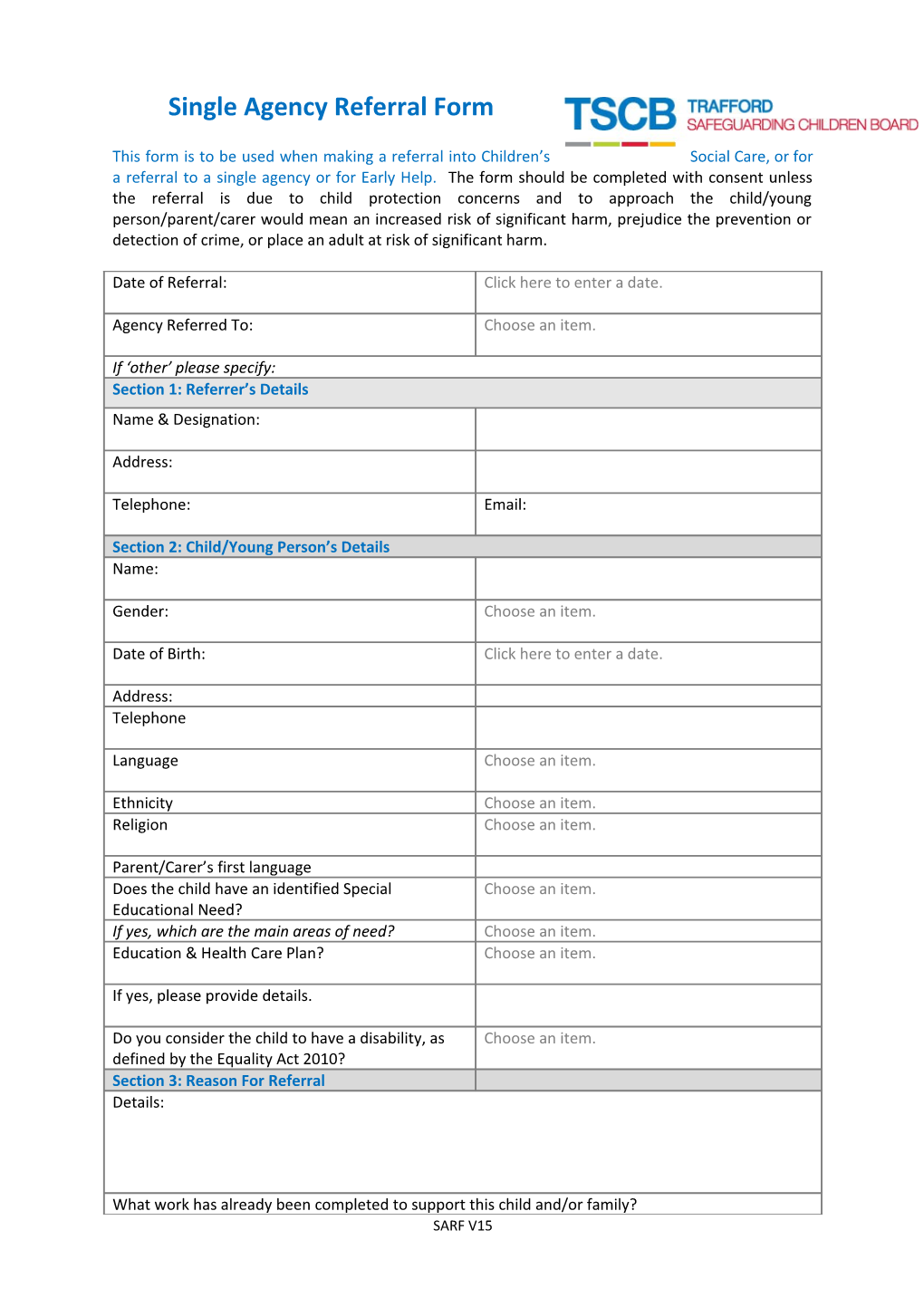 Single Agency Referral Form