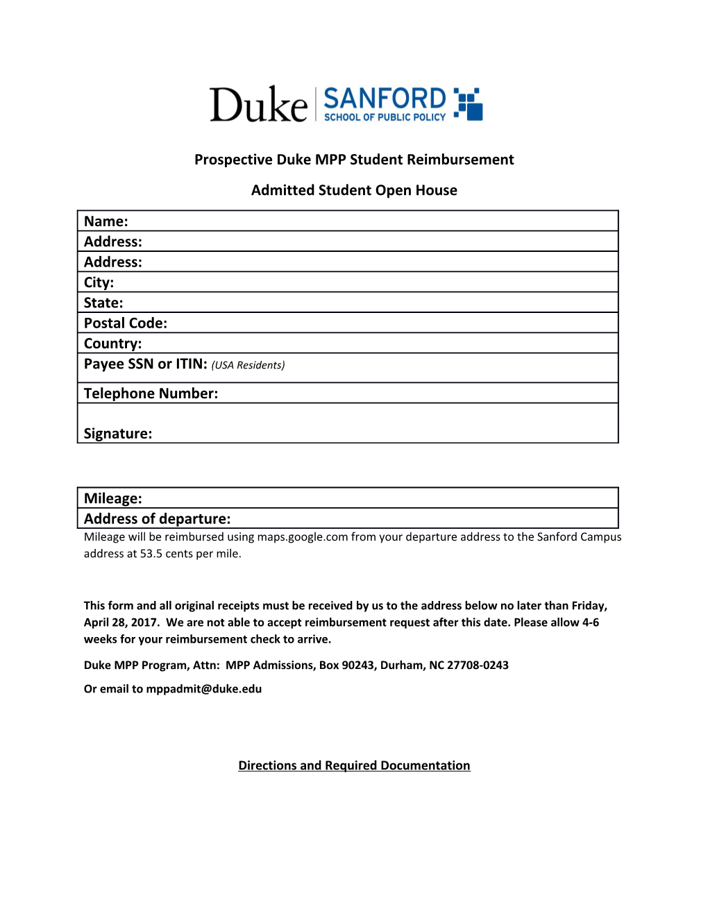 Prospective Duke MPP Student Reimbursement