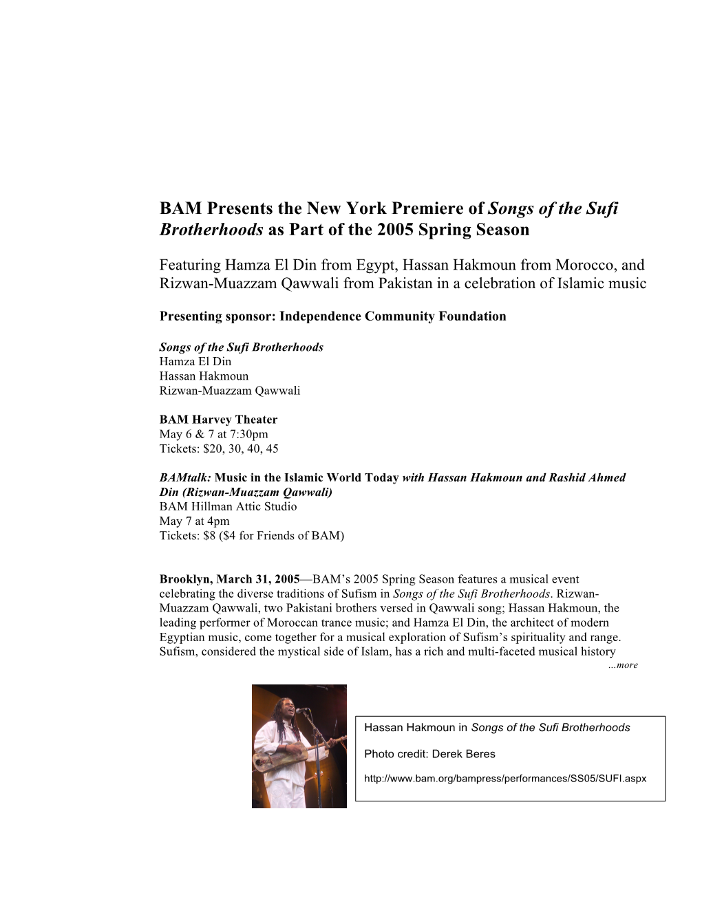 BAM Presents the New York Premiere of Songs of the Sufi Brotherhoods As Part of the 2005 Spring Season