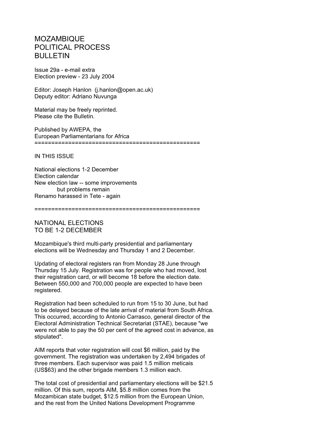 Mozambique Political Process Bulletin