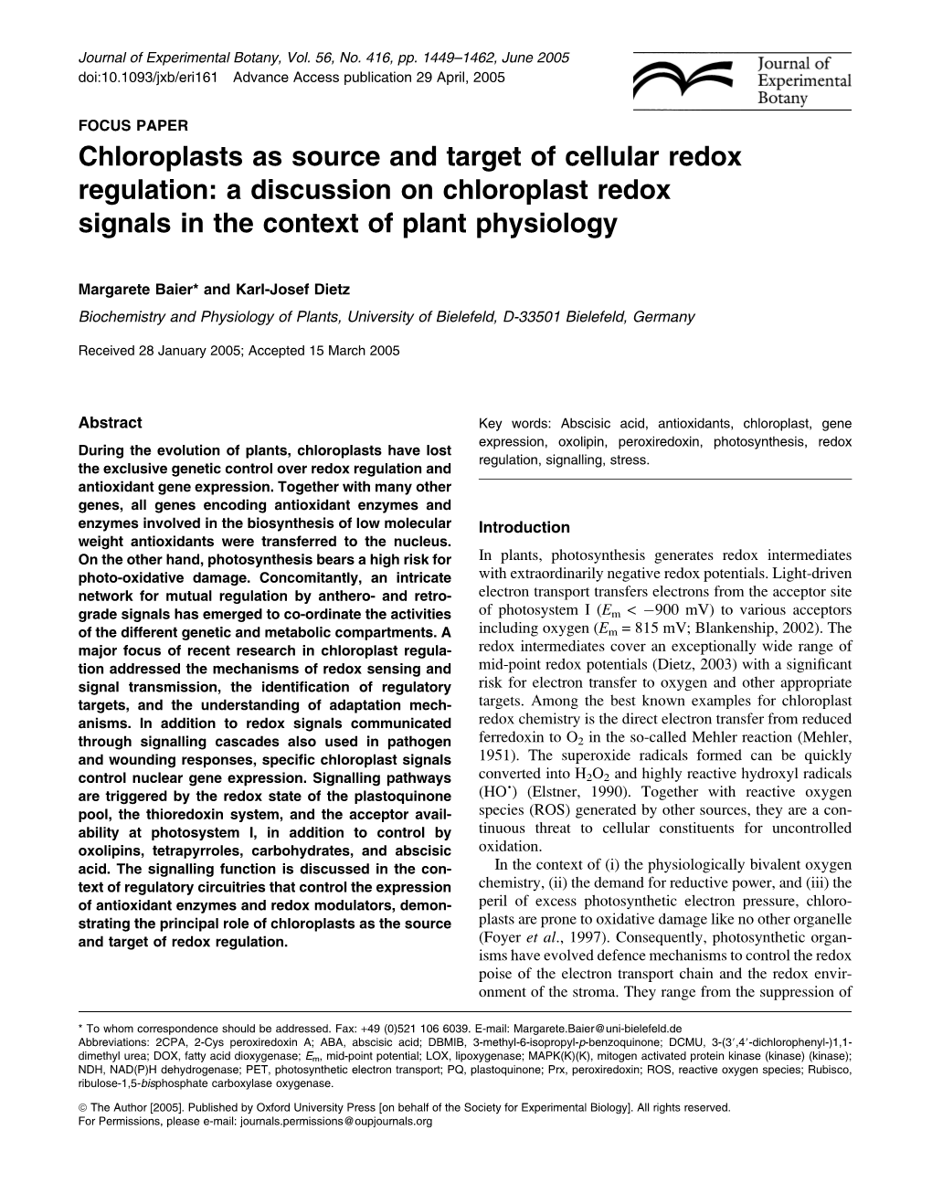 Chloroplasts As Source and Target of Cellular Redox Regulation: a Discussion on Chloroplast Redox Signals in the Context of Plant Physiology