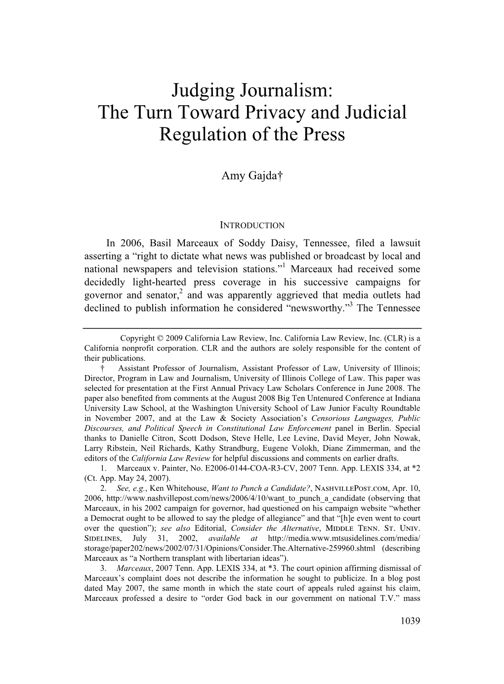 Judging Journalism: the Turn Toward Privacy and Judicial Regulation of the Press