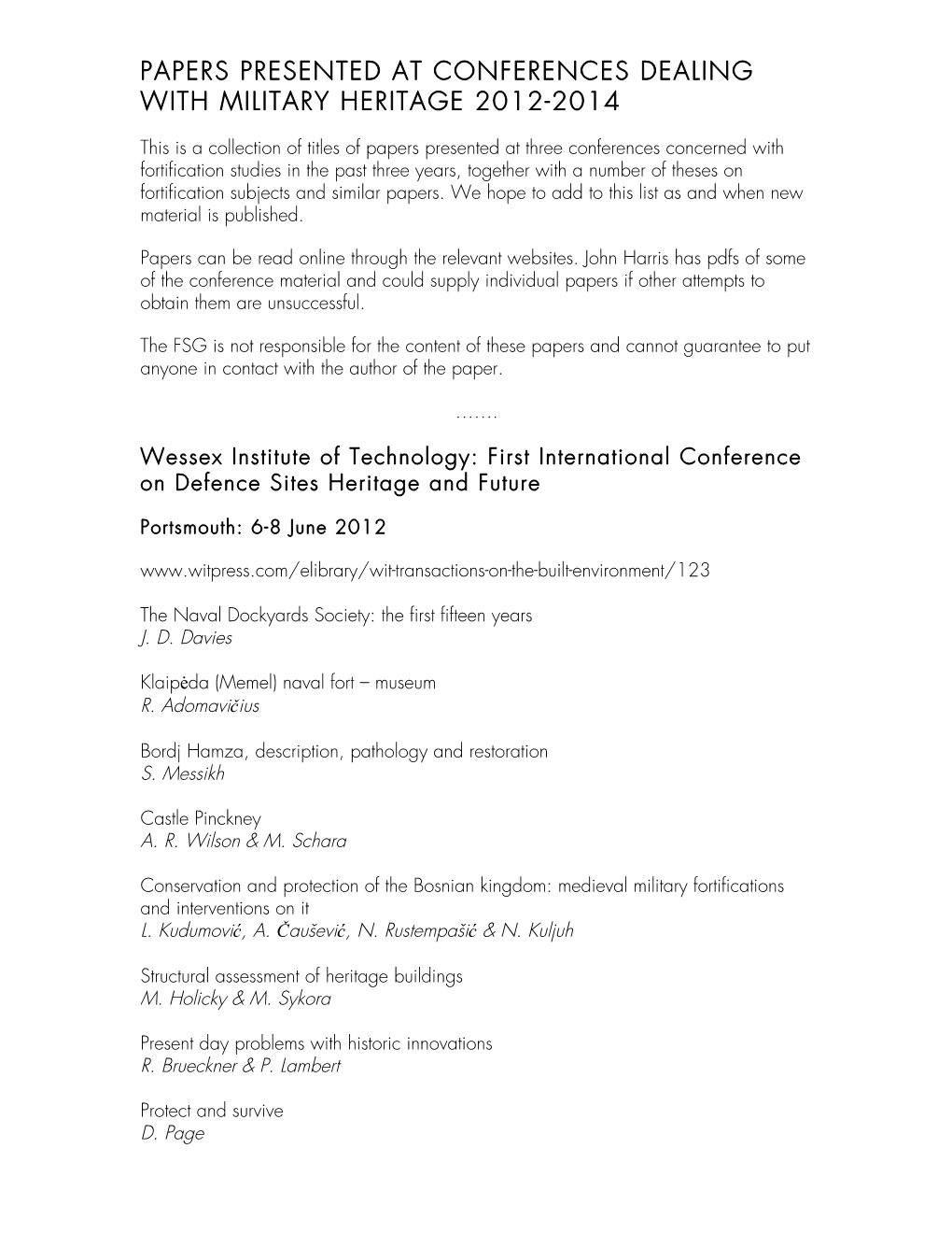 Papers Presented at Conferences Dealing with Military Heritage 2012-2014