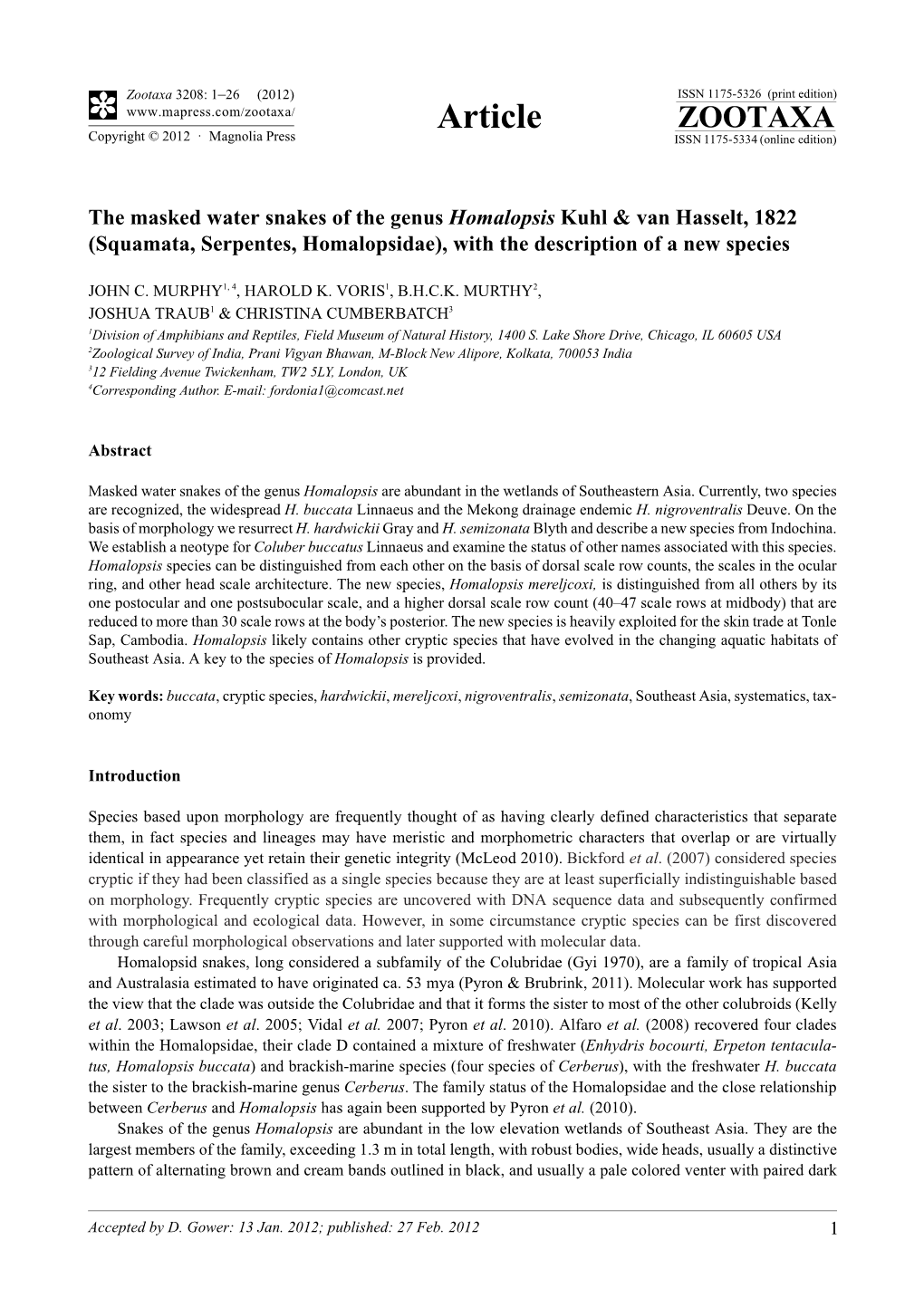 The Masked Water Snakes of the Genus Homalopsis Kuhl & Van Hasselt, 1822 (Squamata, Serpentes, Homalopsidae), with the Description of a New Species