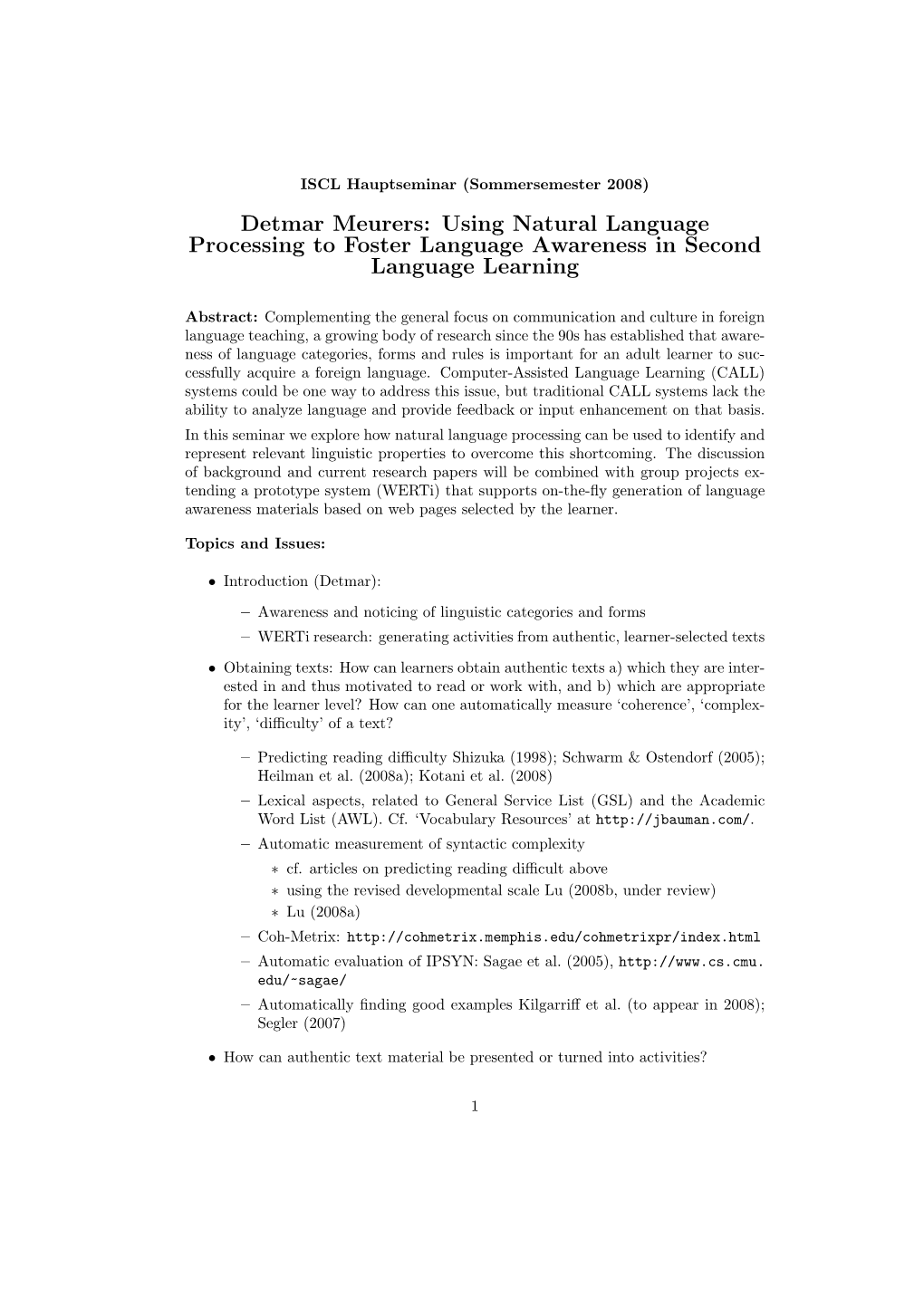 Detmar Meurers: Using Natural Language Processing to Foster Language Awareness in Second Language Learning