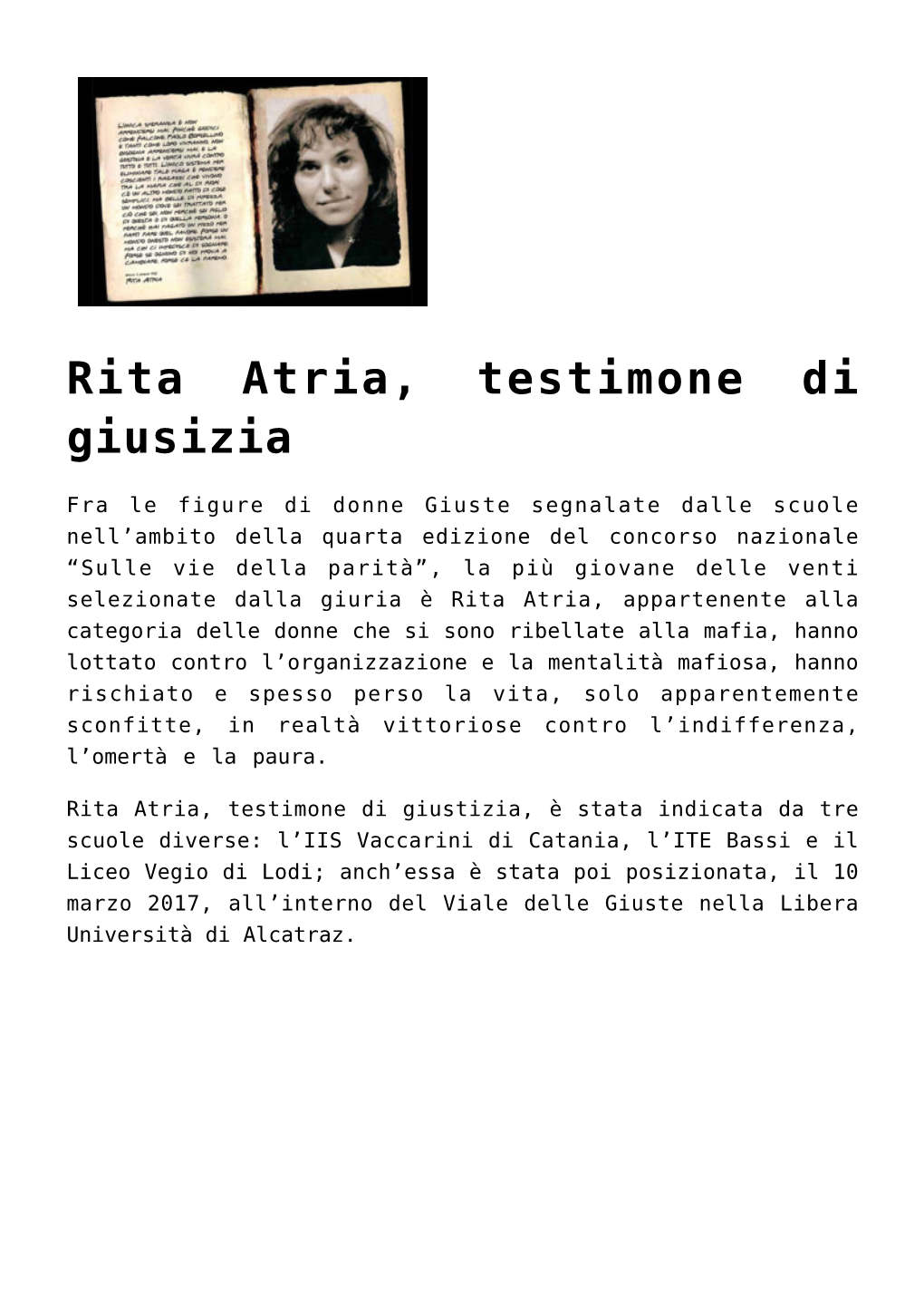 Rita Atria, Testimone Di Giusizia