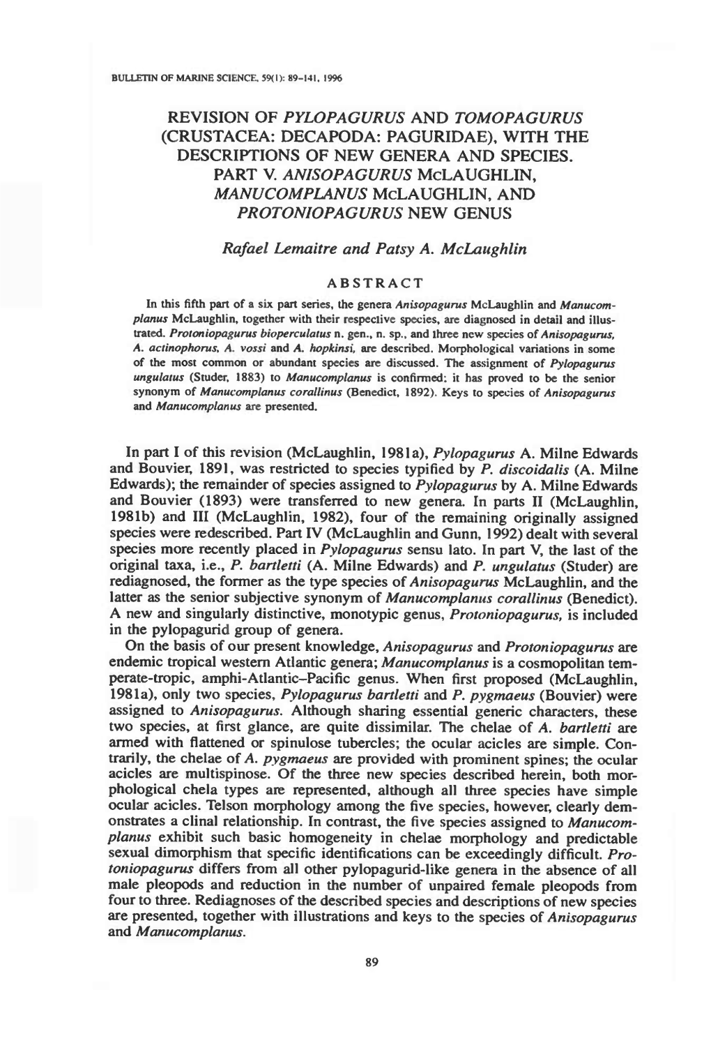 Revision of Pylopagurus and Tomopagurus (Crustacea: Decapoda: Paguridae), with the Descriptions of New Genera and Species. Part V