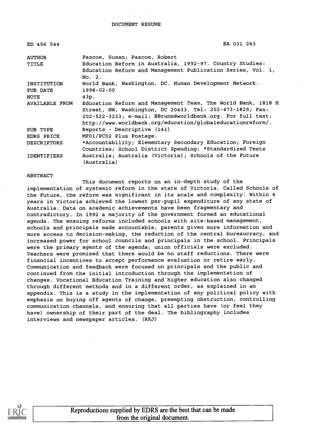 Education Reform in Australia, 1992-97. Country Studies: Education Reform and Management Publication Series, Vol