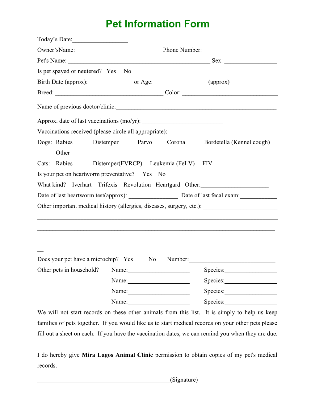 Pet Information Form