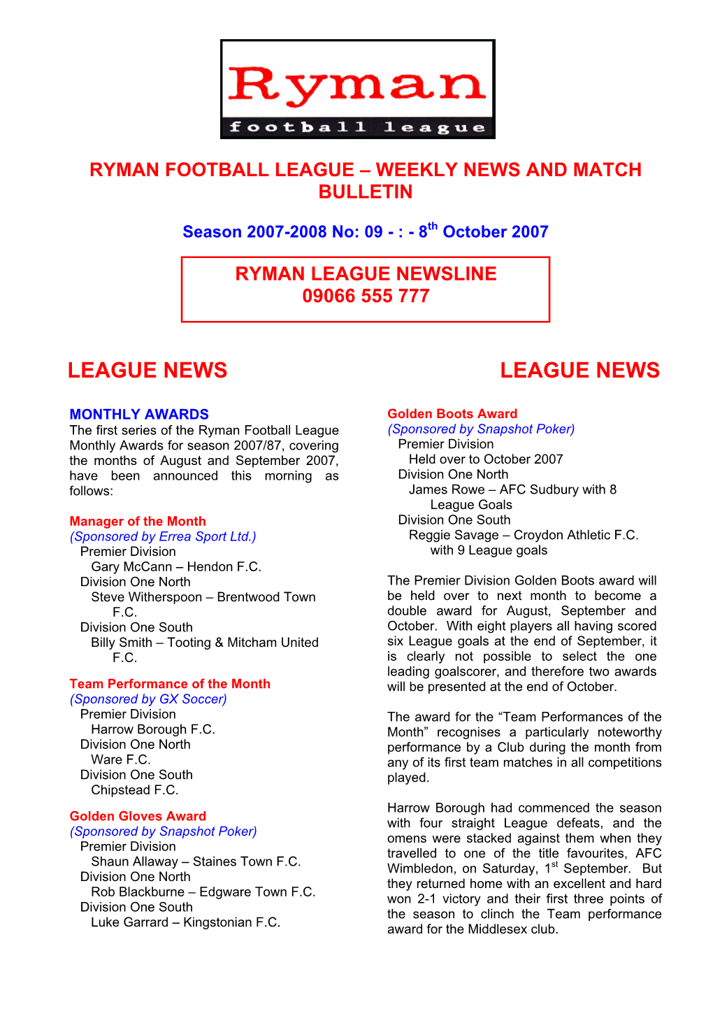 Ryman Football League – Weekly News and Match Bulletin