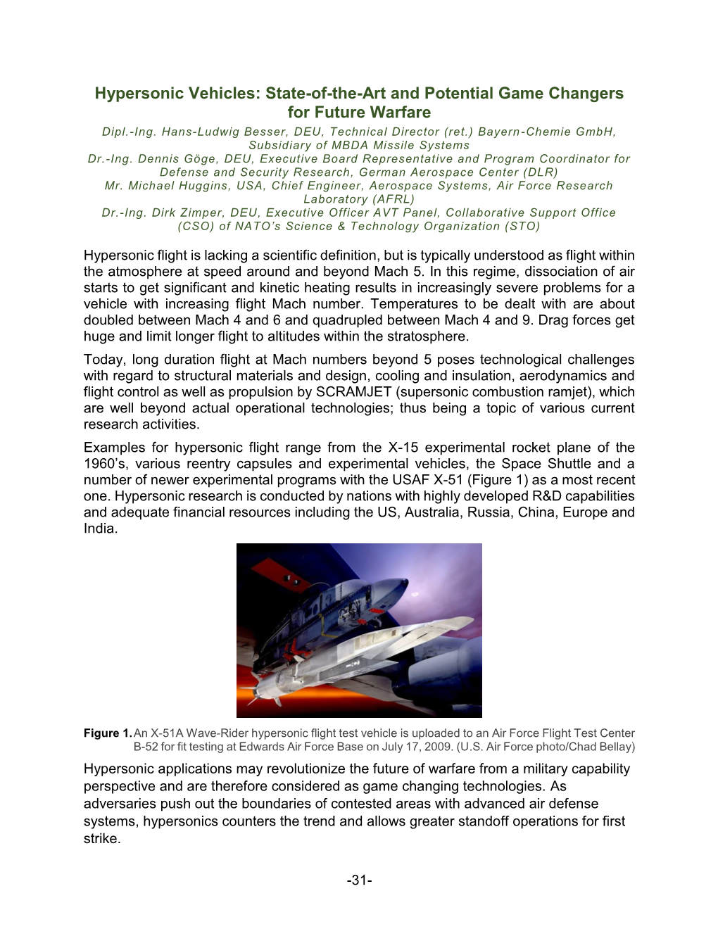 Hypersonic Vehicles: State-Of-The-Art and Potential Game Changers for Future Warfare Dipl.-Ing