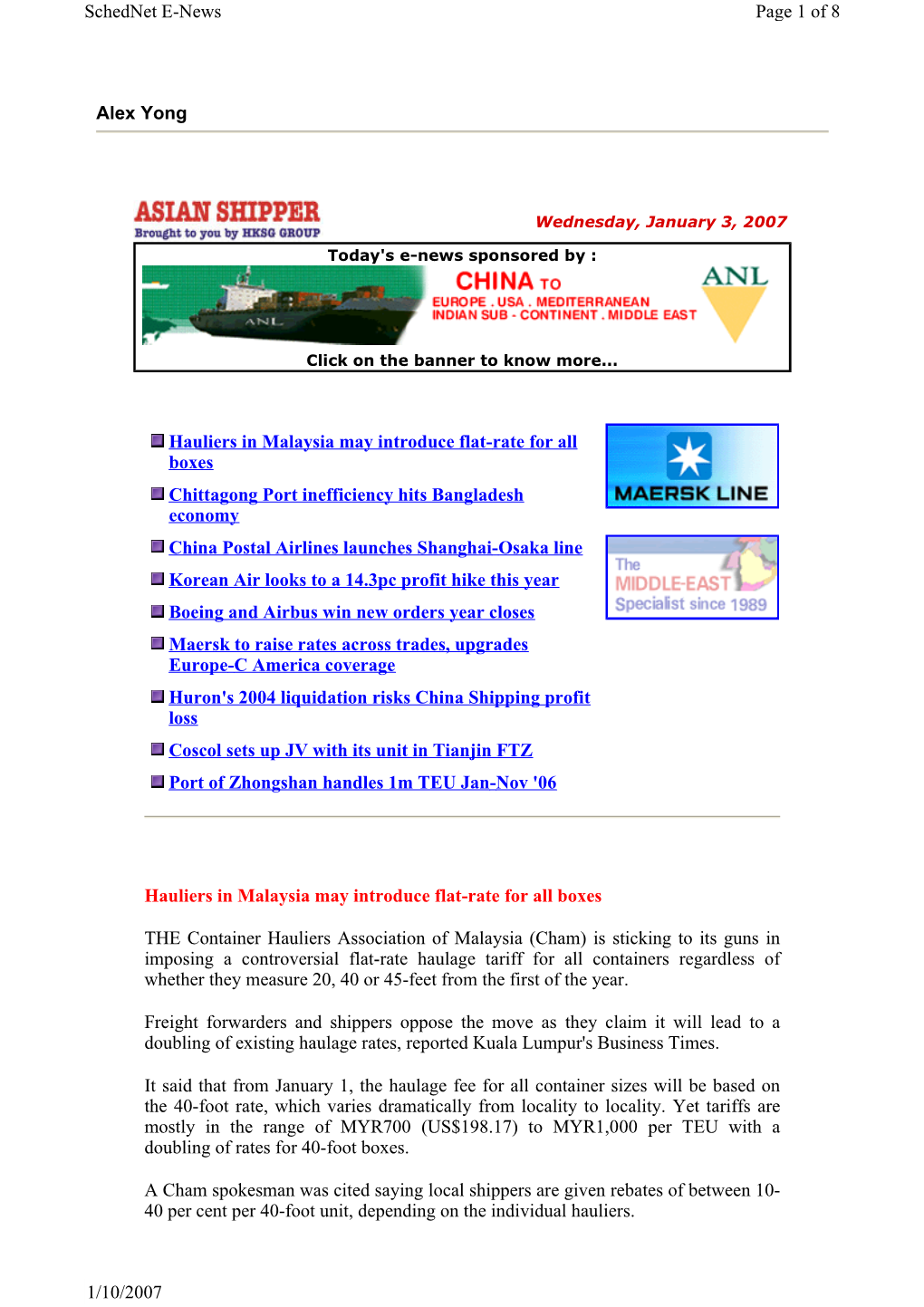 Alex Yong Page 1 of 8 Schednet E-News 1/10/2007 Hauliers In