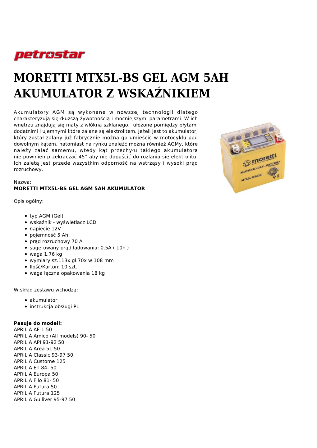 Moretti Mtx5l-Bs Gel Agm 5Ah Akumulator Z Wskaźnikiem