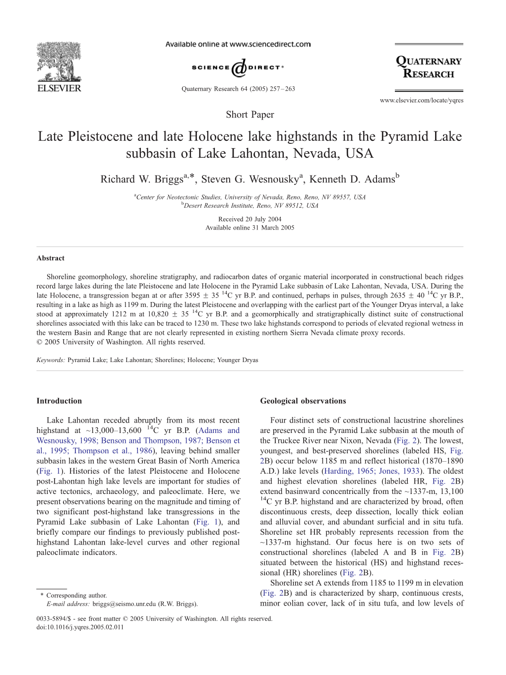 Late Pleistocene and Late Holocene Lake Highstands in the Pyramid Lake Subbasin of Lake Lahontan, Nevada, USA