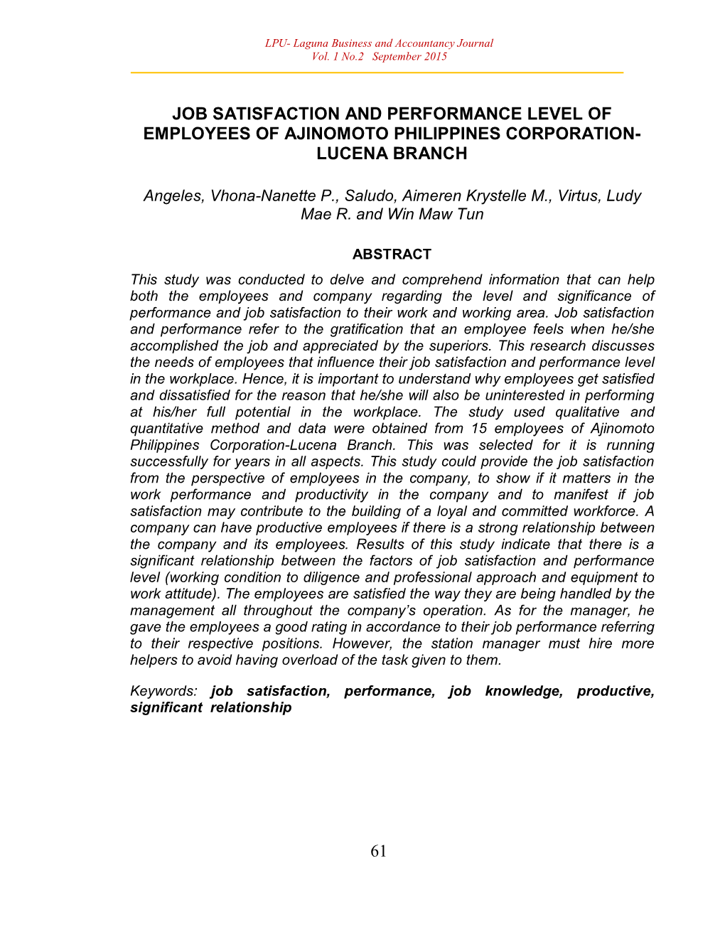 Job Satisfaction and Performance Level of Employees of Ajinomoto Philippines Corporation- Lucena Branch