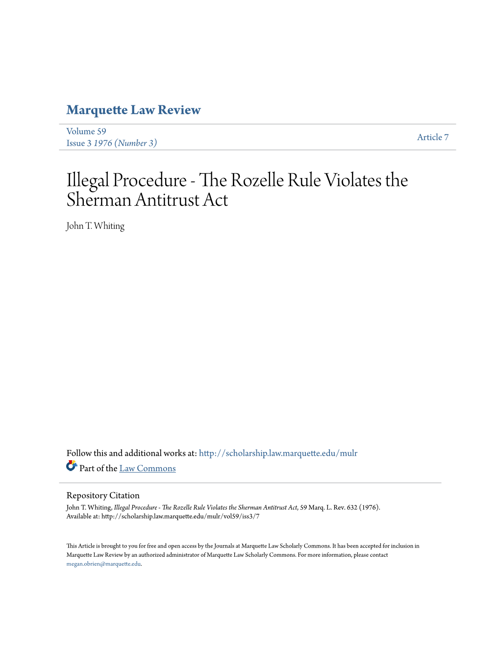 Illegal Procedure - the Rozelle Rule Violates the Sherman Antitrust Act John T