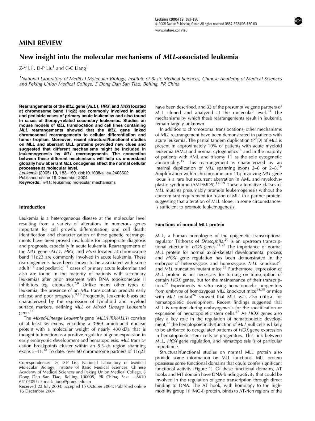 MINI REVIEW New Insight Into the Molecular Mechanisms of MLL