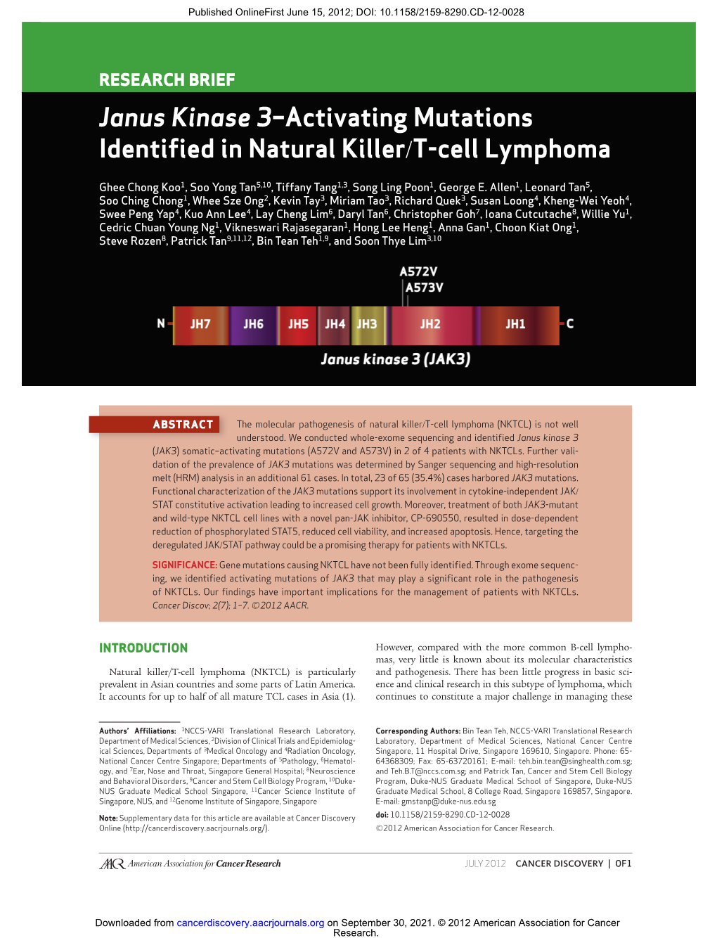 Janus Kinase 3–Activating Mutations Identified in Natural Killer/T-Cell