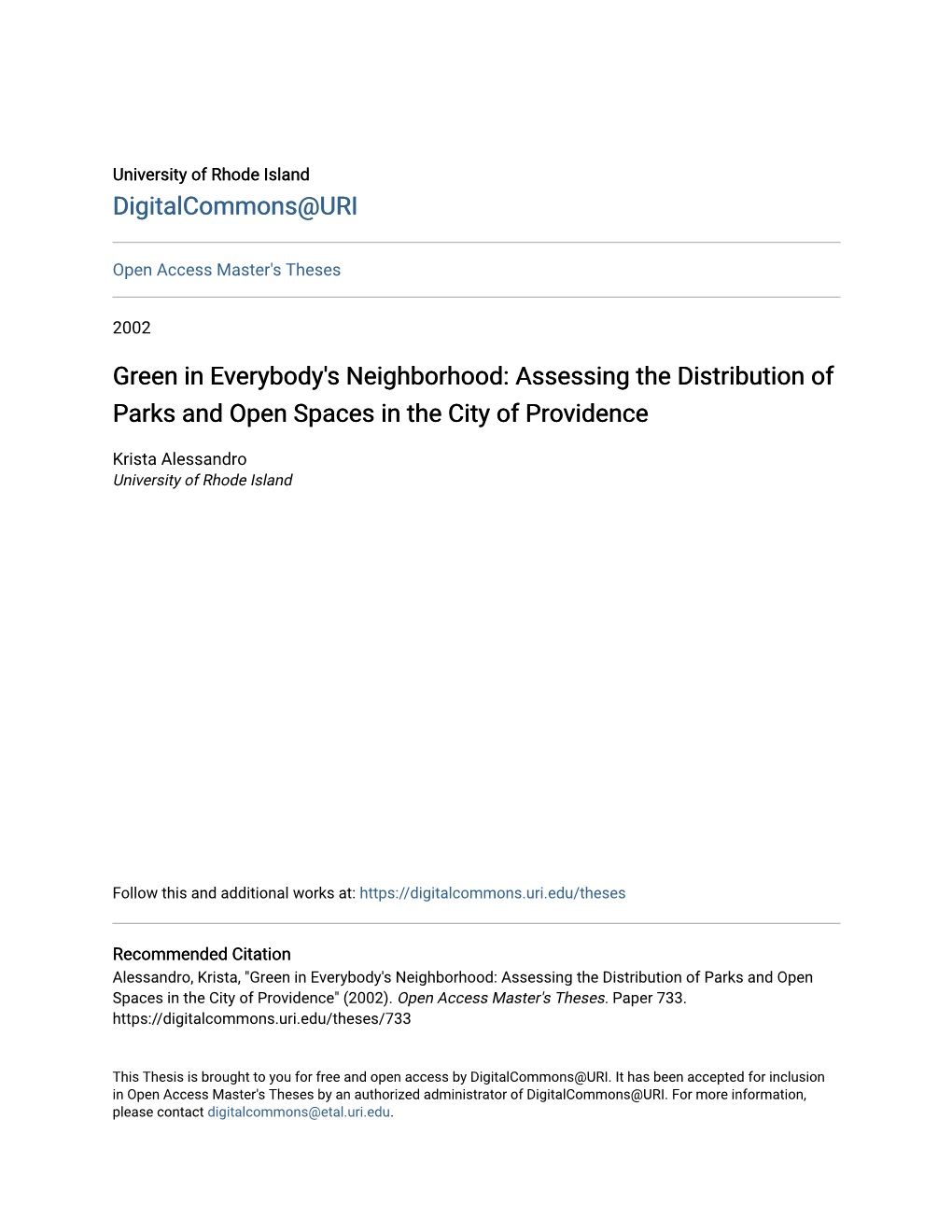 Assessing the Distribution of Parks and Open Spaces in the City of Providence