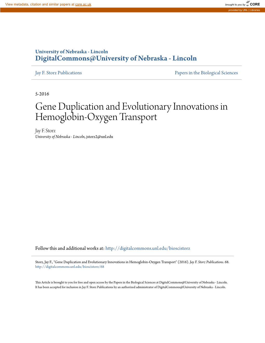 Gene Duplication and Evolutionary Innovations in Hemoglobin-Oxygen Transport Jay F