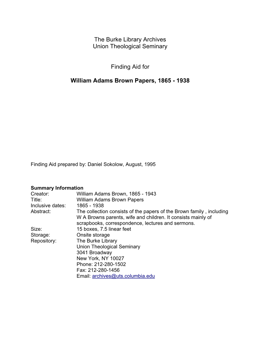 William Adams Brown Papers, 1865 - 1938