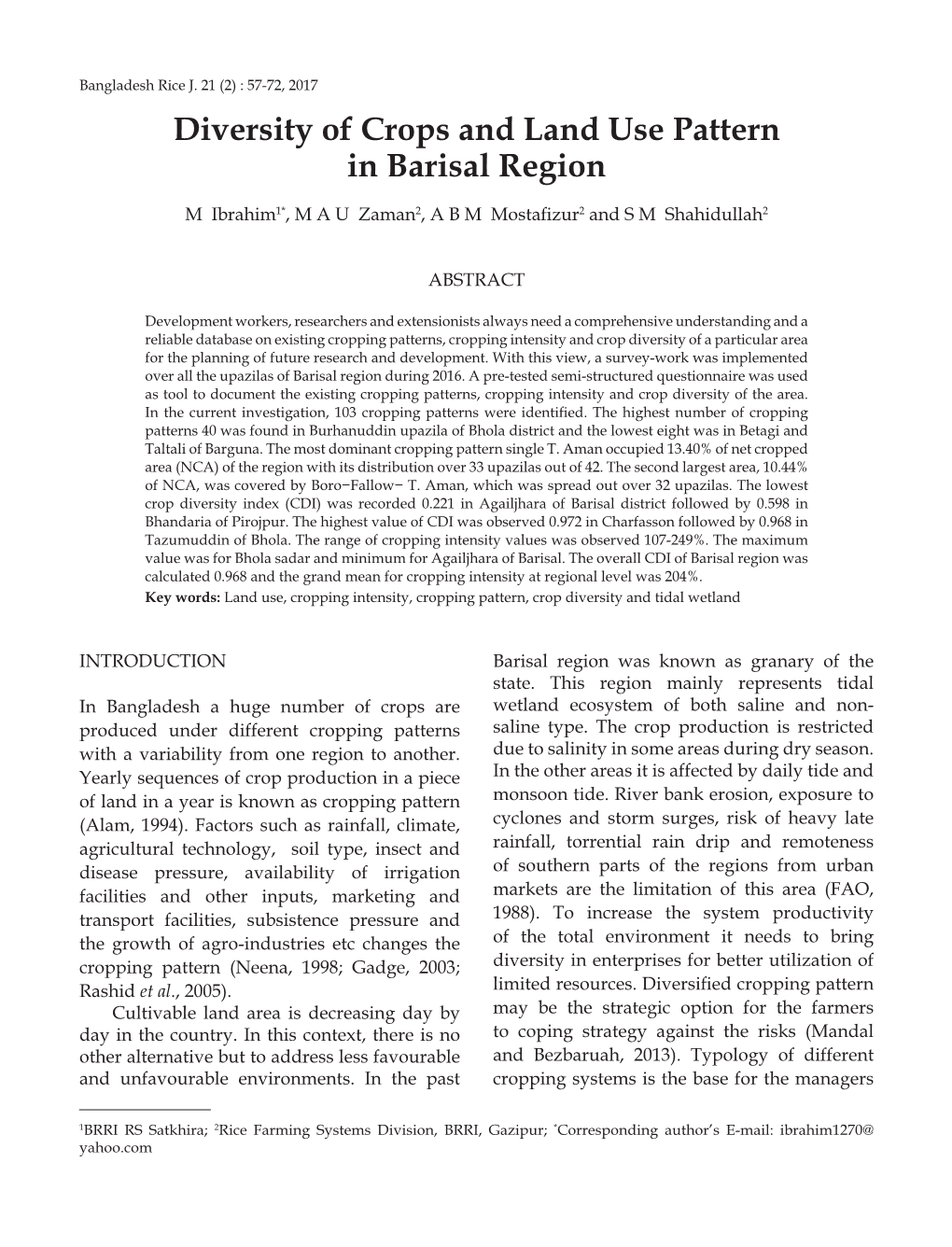 Diversity of Crops and Land Use Pattern in Barisal Region