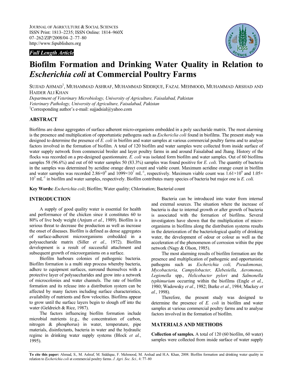 Biofilm Formation and Drinking Water Quality in Relation to Escherichia Coli at Commercial Poultry Farms