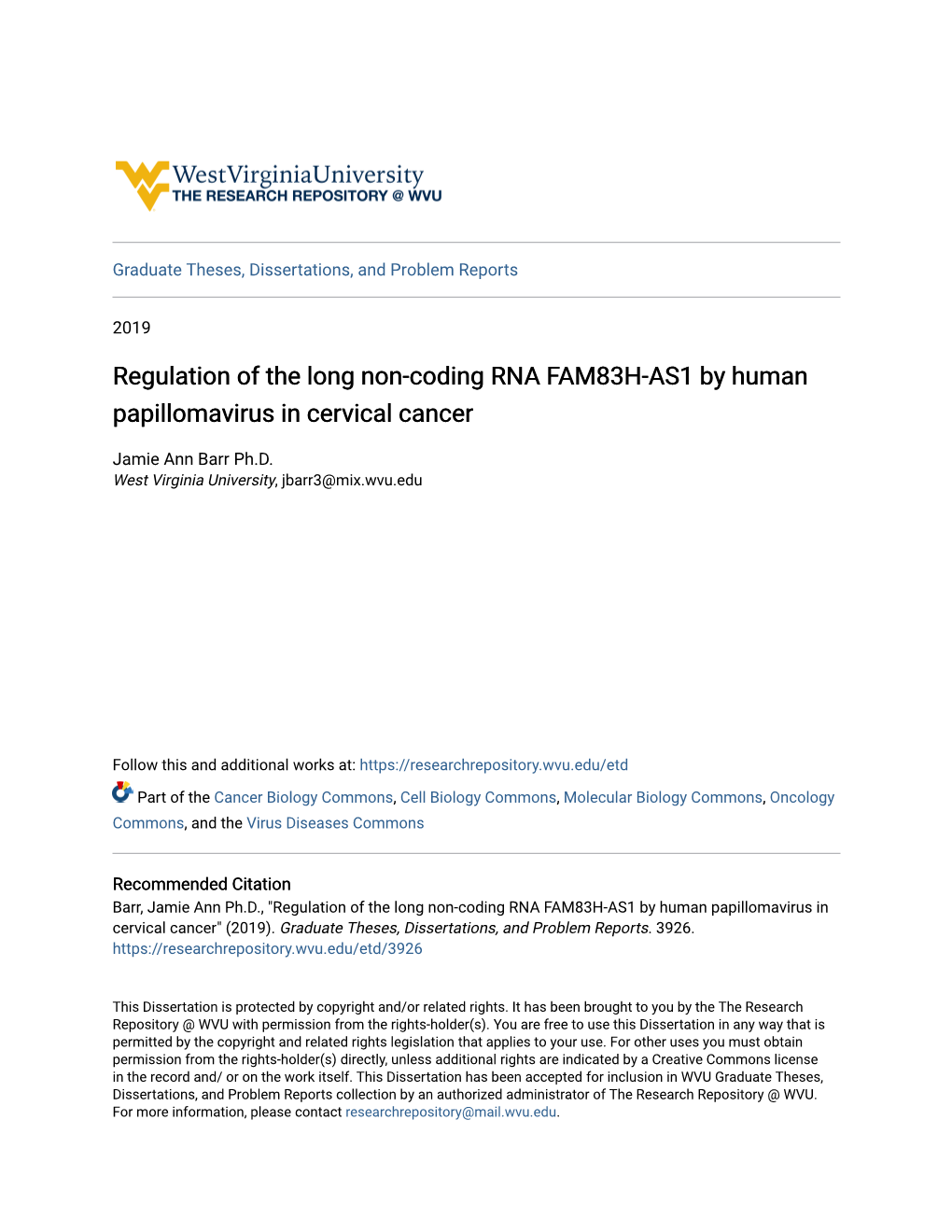 Regulation of the Long Non-Coding RNA FAM83H-AS1 by Human Papillomavirus in Cervical Cancer