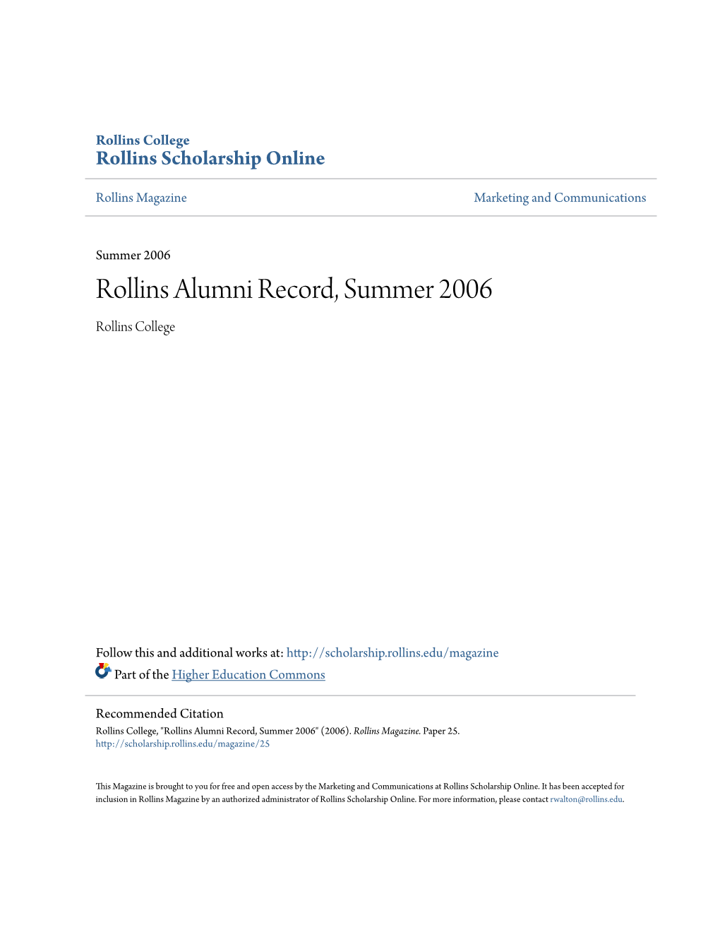 Rollins Alumni Record, Summer 2006 Rollins College