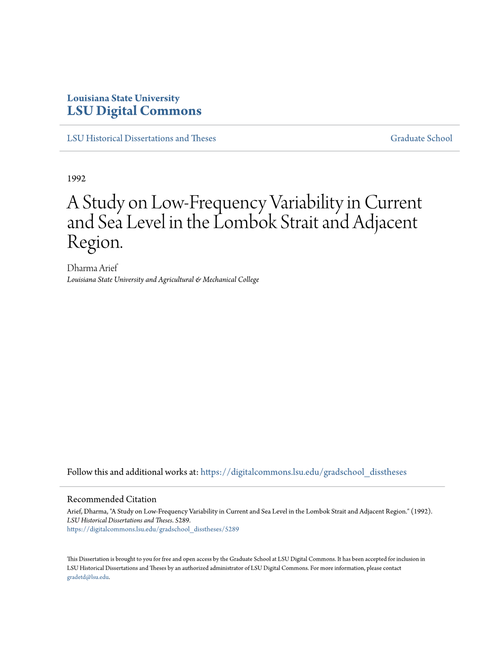 A Study on Low-Frequency Variability in Current and Sea Level in the Lombok Strait and Adjacent Region