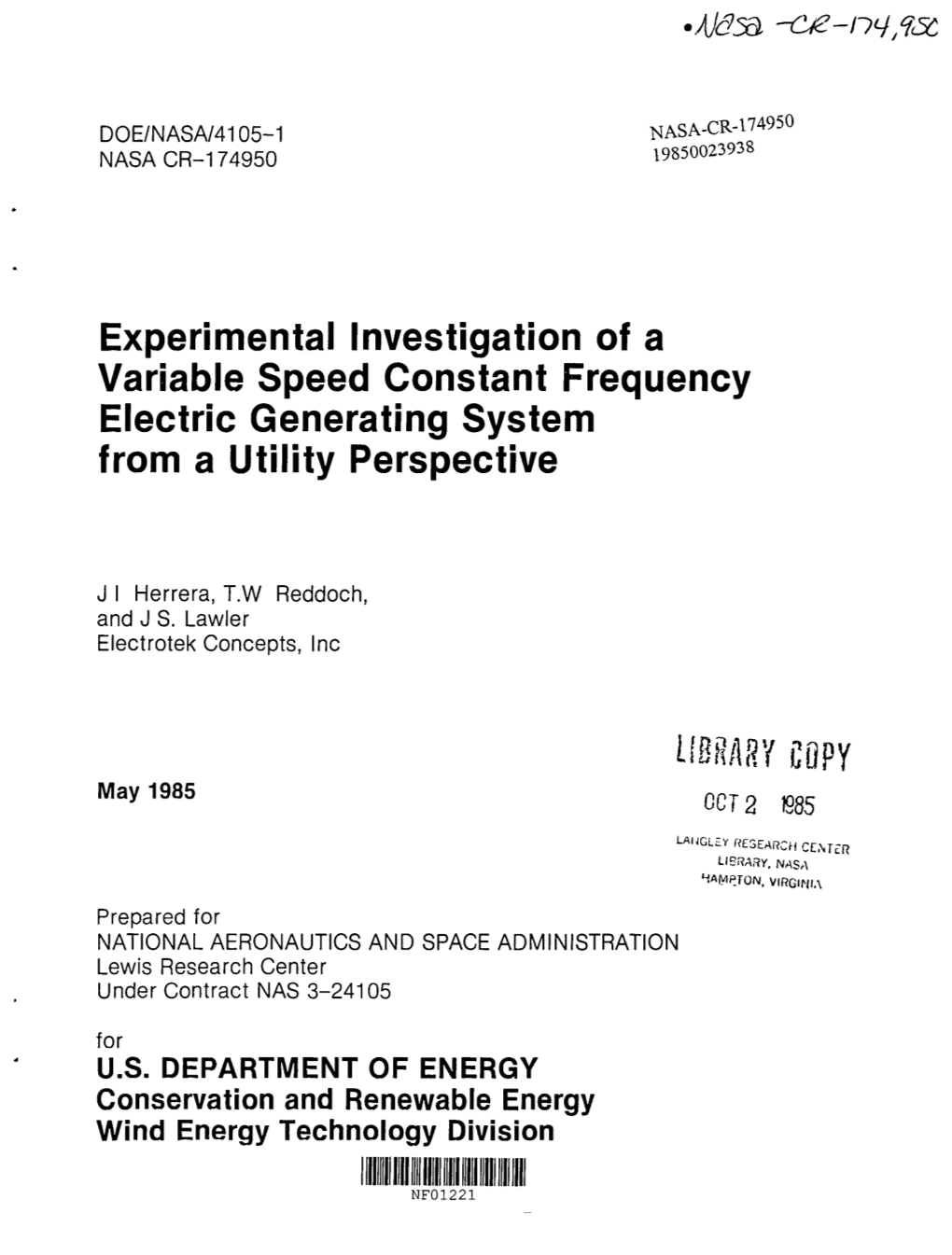 Experimental Investigation of a Variable Speed Constant Frequency Electric Generating System from a Utility Perspective