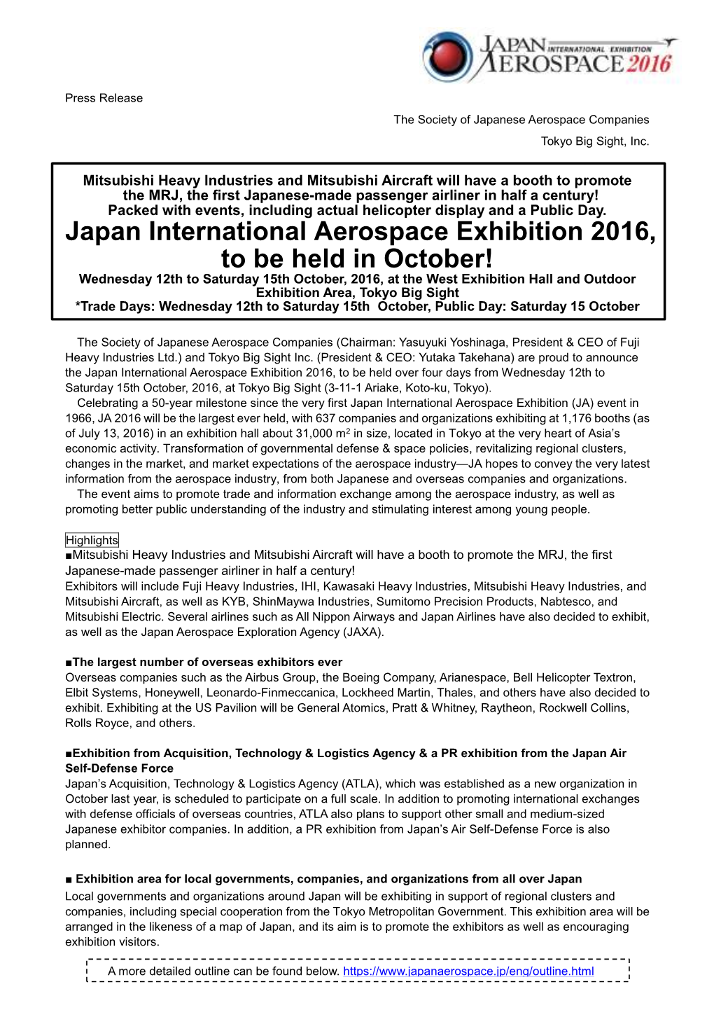 Japan International Aerospace Exhibition 2016, to Be Held In