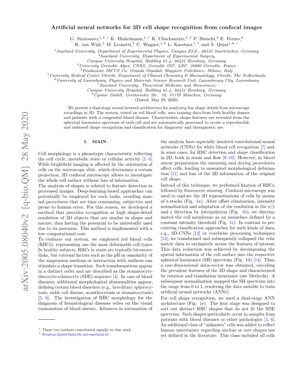 Arxiv:2005.08040V2 [Q-Bio.QM] 28 May 2020 Tosis, Sickle Cell Disease, Acanthocytosis Or Stomatocytosis) Artiﬁcial Neural Networks (Anns)