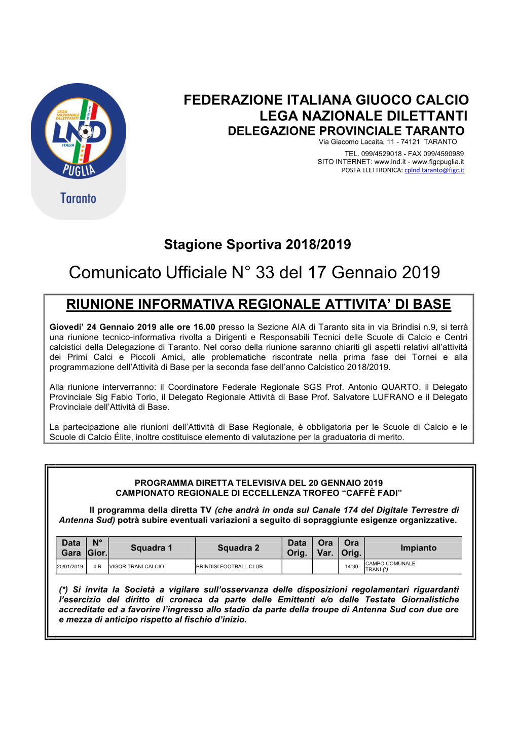 Comunicato Ufficiale N° 33 Del 17 Gennaio 2019