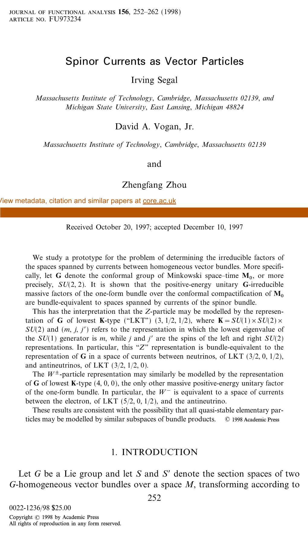 Spinor Currents As Vector Particles Irving Segal