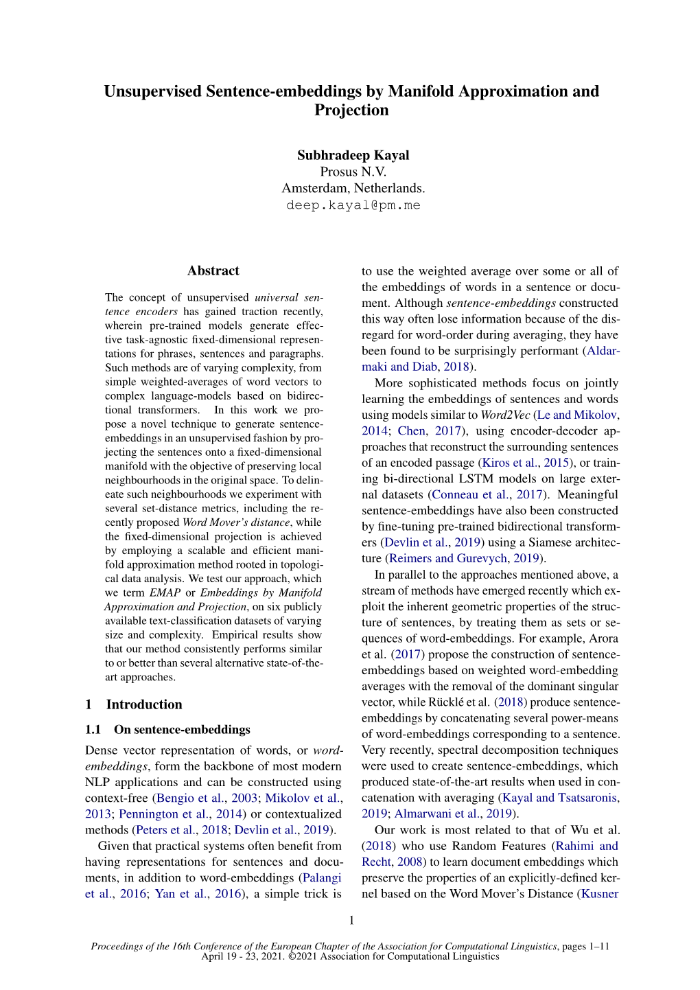 Unsupervised Sentence-Embeddings by Manifold Approximation and Projection