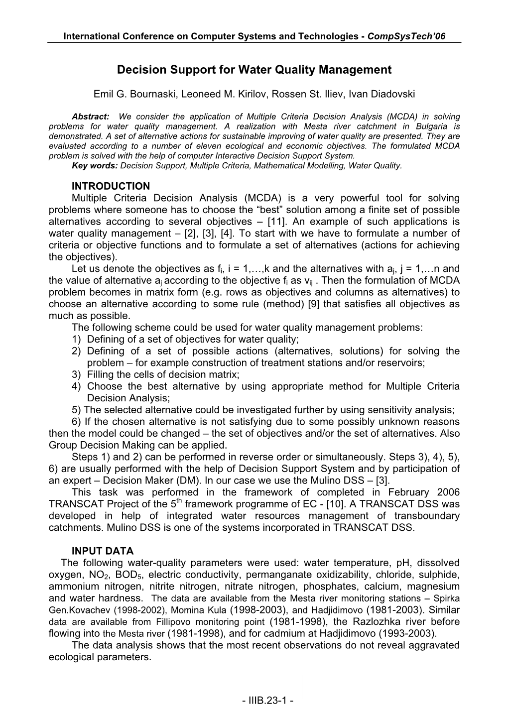 IIIB.23. Emil Bournaski, Leoneed Kirilov, Rossen Iliev, Ivan Diadovski, Decision Support for Water Quality Management