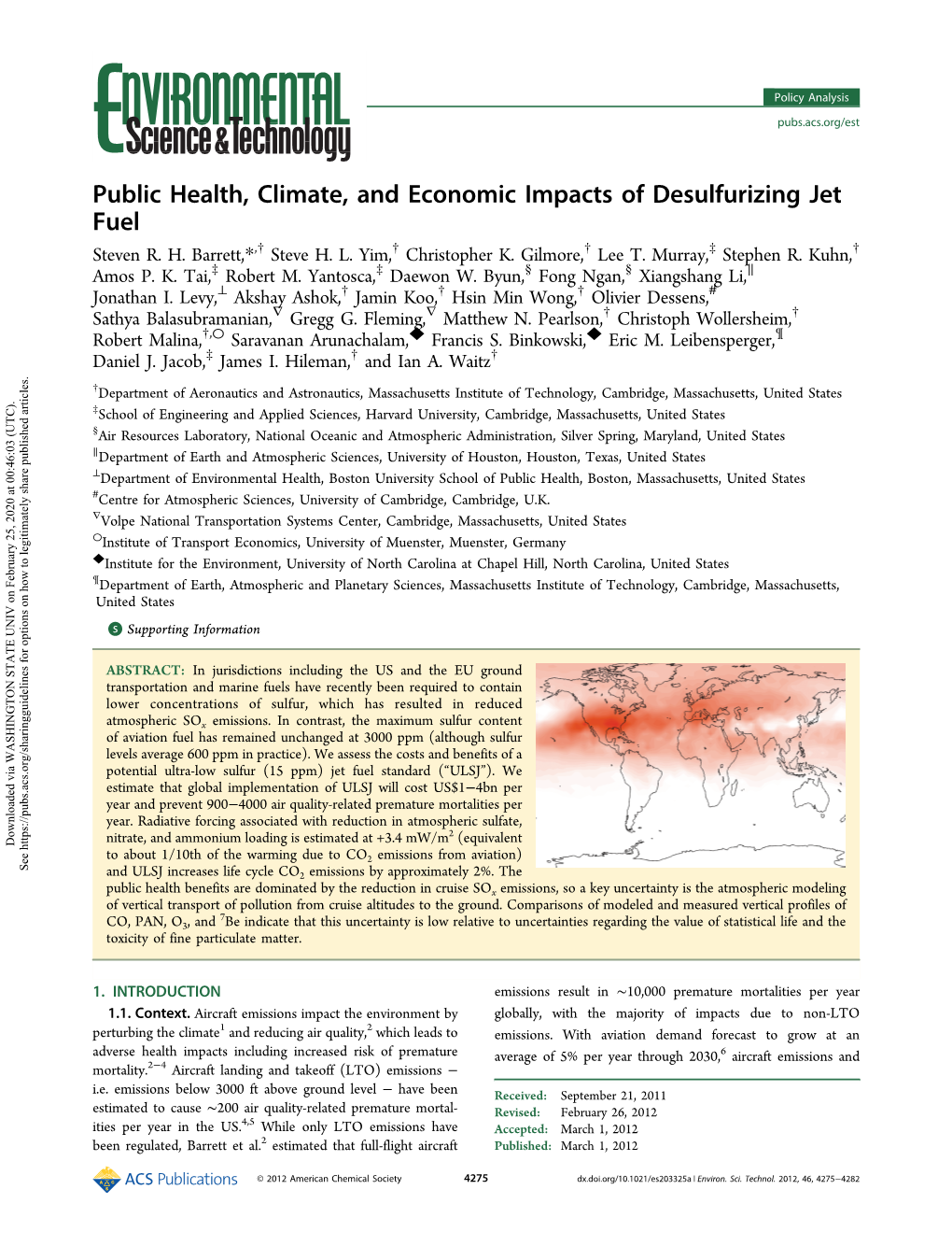 Public Health, Climate, and Economic Impacts of Desulfurizing Jet Fuel † † † ‡ † Steven R