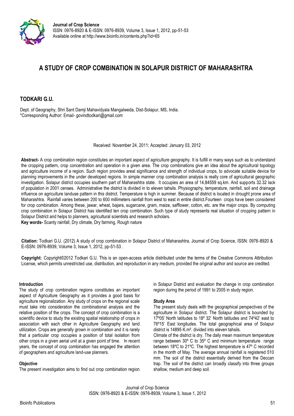 A Study of Crop Combination in Solapur District of Maharashtra