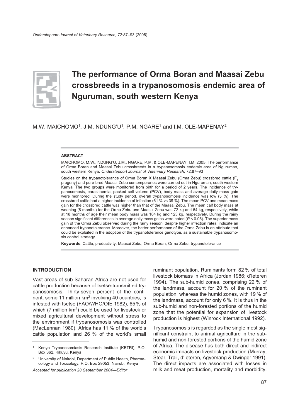 The Performance of Orma Boran and Maasai Zebu Crossbreeds in a Trypanosomosis Endemic Area of Nguruman, South Western Kenya