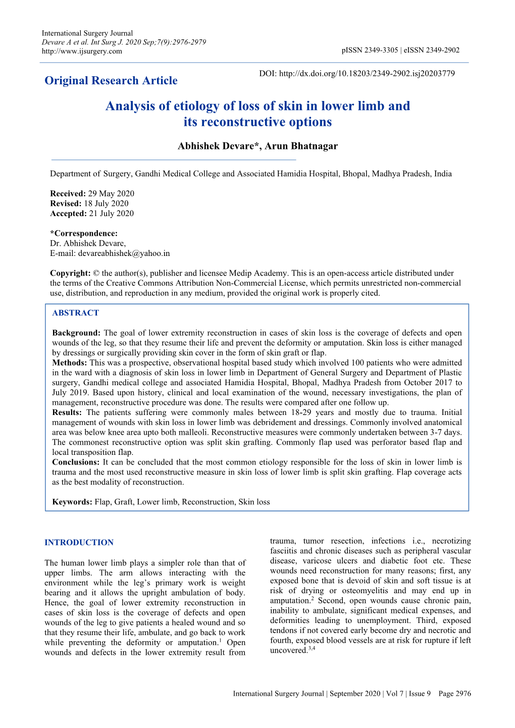 Analysis of Etiology of Loss of Skin in Lower Limb and Its Reconstructive Options