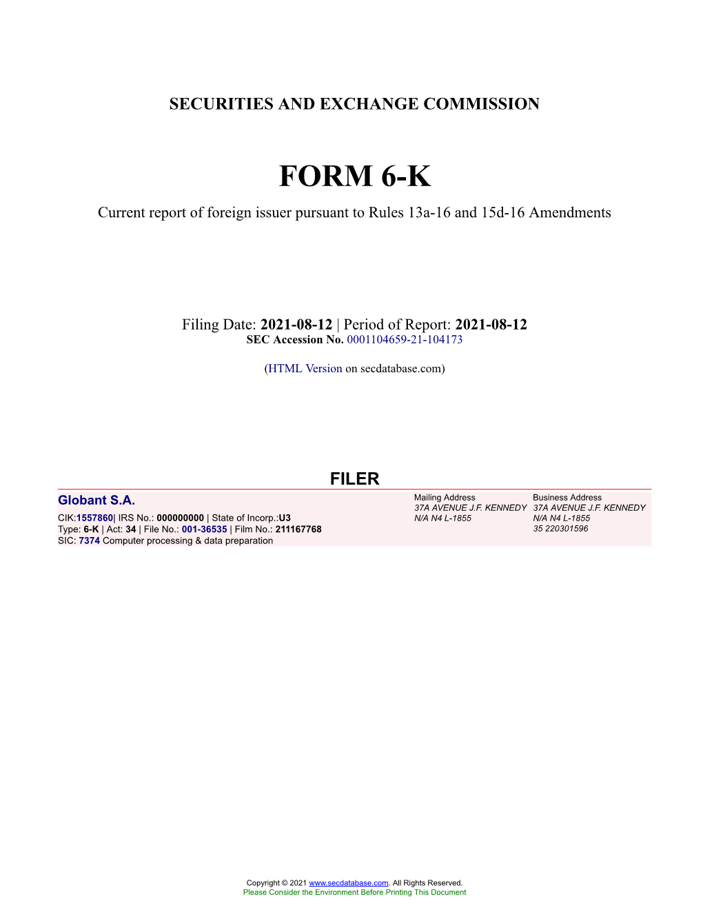 Globant S.A. Form 6-K Current Event Report Filed 2021-08-12