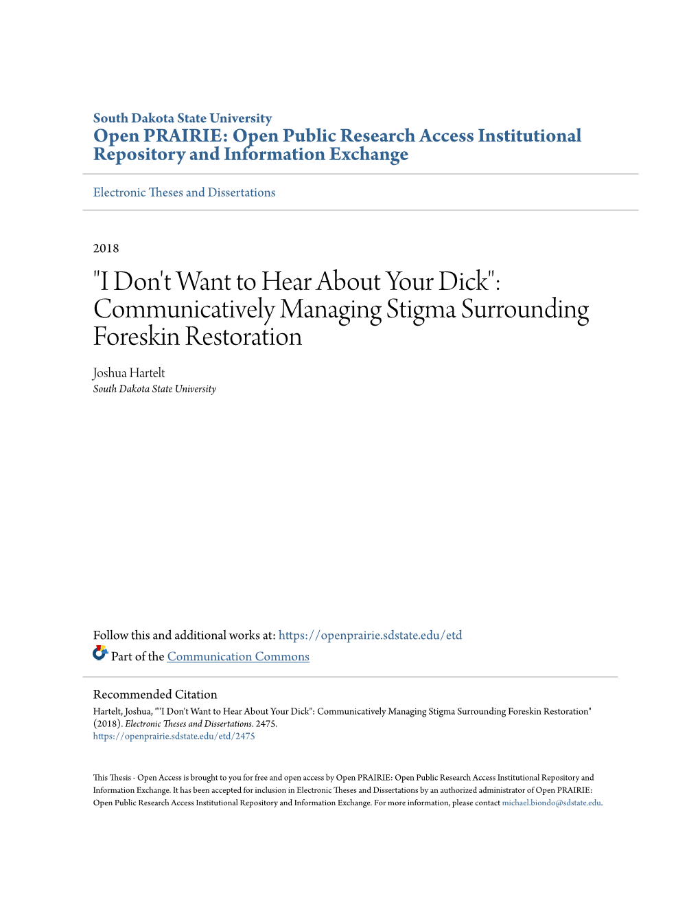 Communicatively Managing Stigma Surrounding Foreskin Restoration Joshua Hartelt South Dakota State University