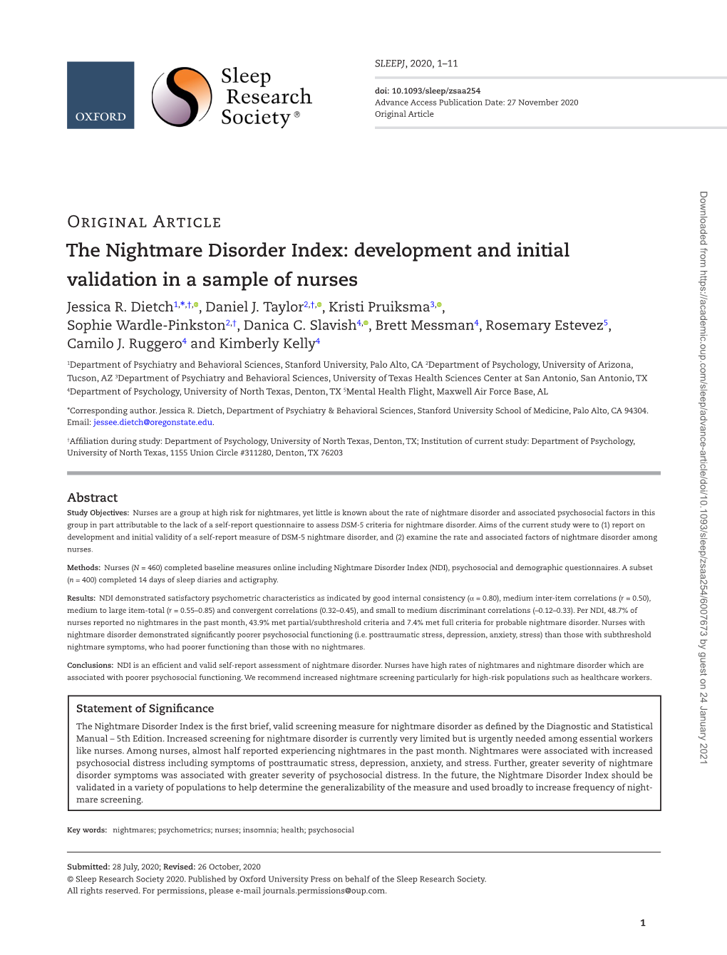 The Nightmare Disorder Index: Development and Initial Validation in a Sample of Nurses Jessica R