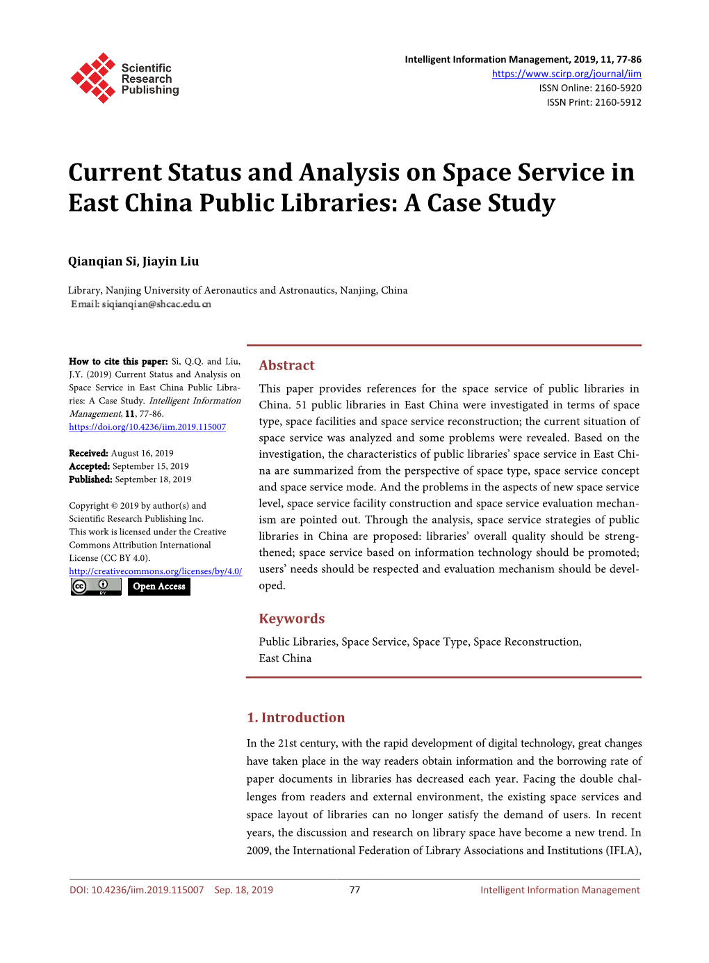 Current Status and Analysis on Space Service in East China Public Libraries: a Case Study