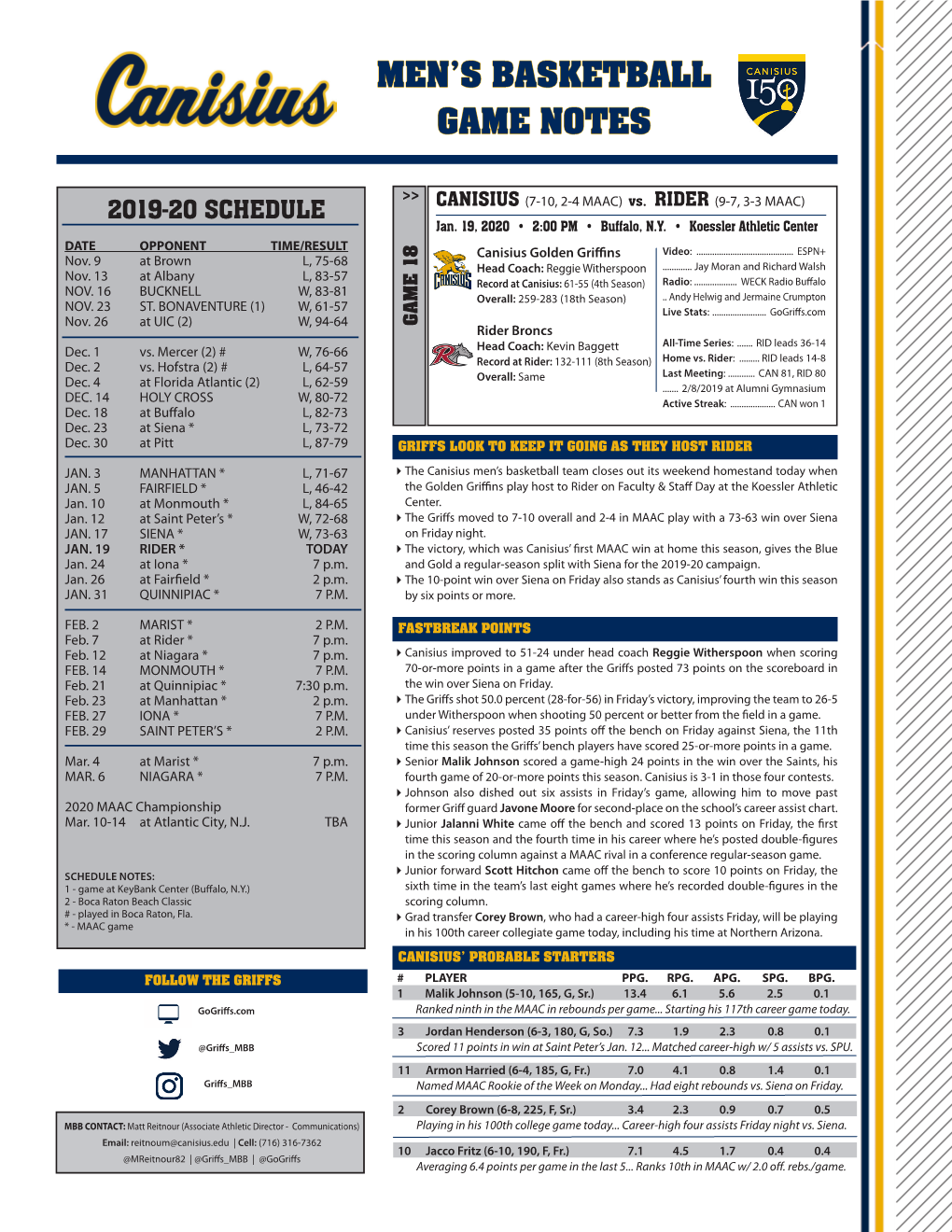 Men's Basketball Game Notes