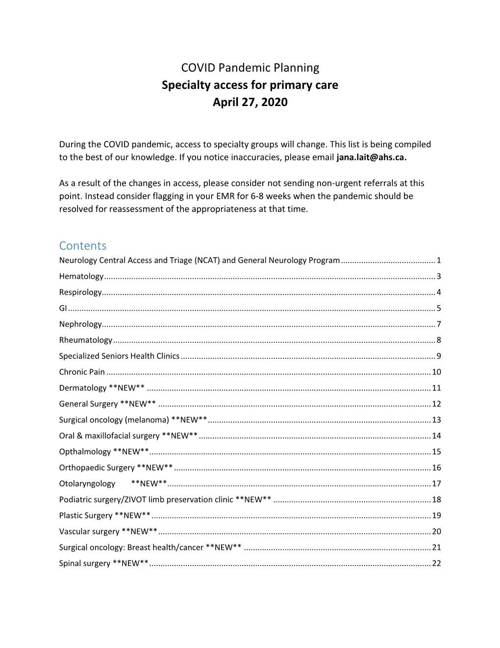 COVID Pandemic Planning Specialty Access for Primary Care April 27, 2020 Contents