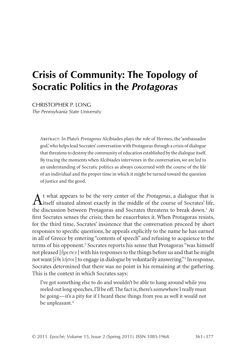Crisis of Community: the Topology of Socratic Politics in the Protagoras