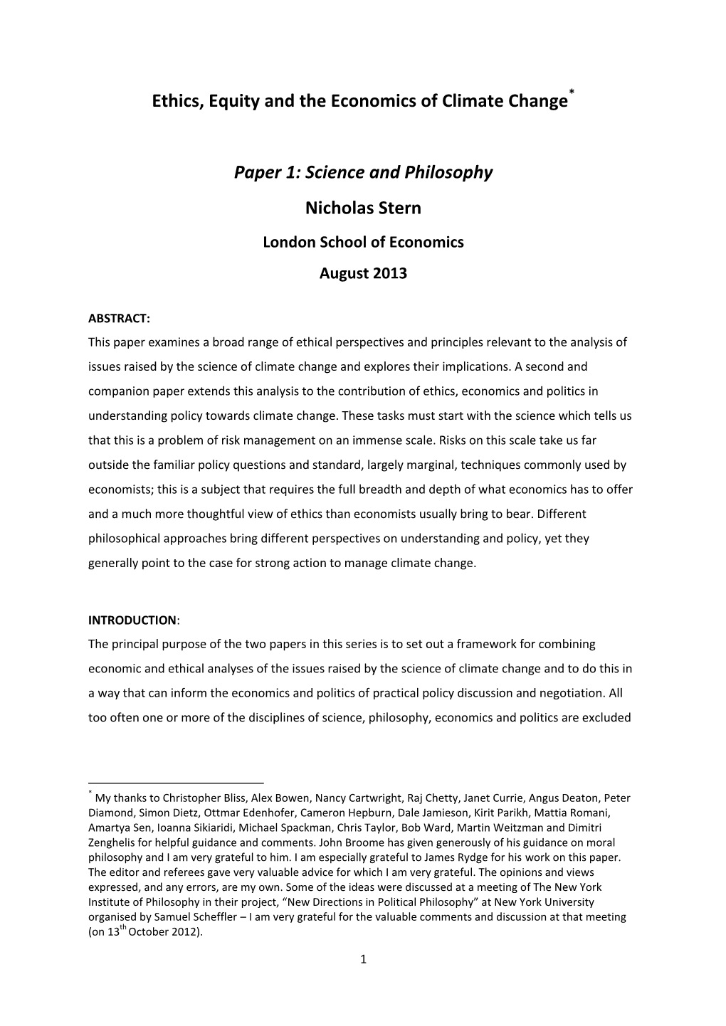 Ethics, Equity and the Economics of Climate Change Paper 1: Science and Philosophy Nicholas Stern