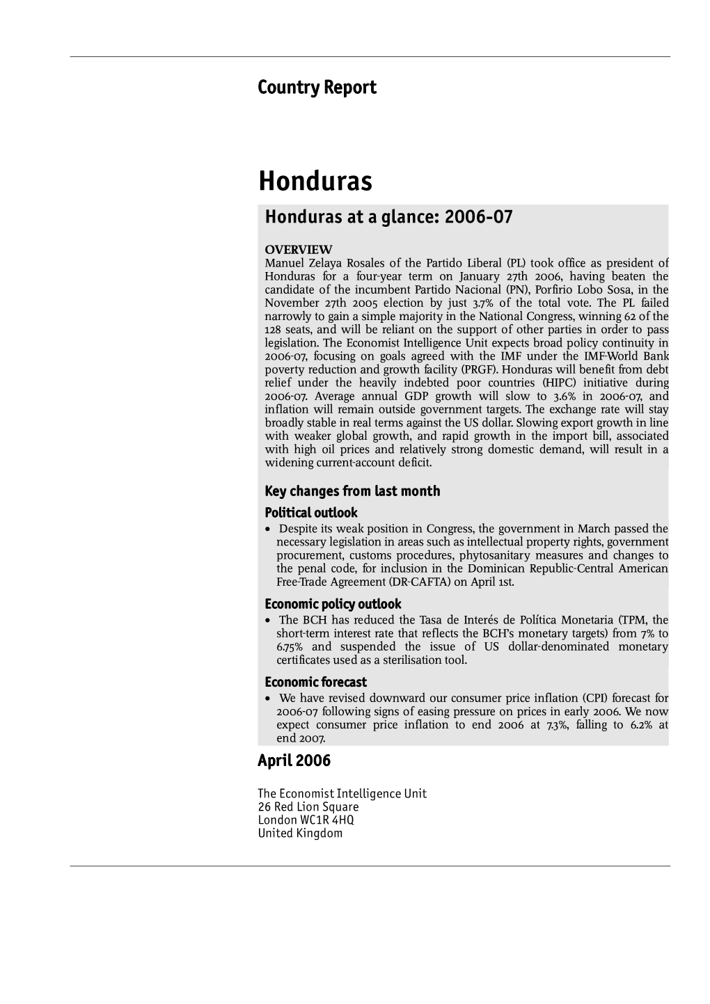 Honduras at a Glance: 2006-07